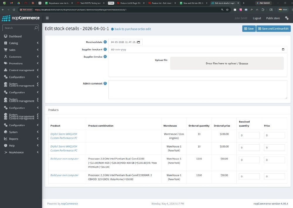 Receive stock interface in PO Inventory Management